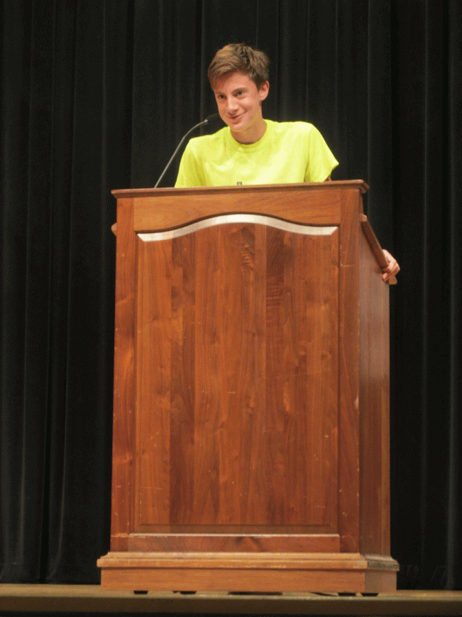 Freshman Noah Weber gives his speech to the Class of 2019 in the auditorium in September. Weber was elected Student Council President for the freshman class. 