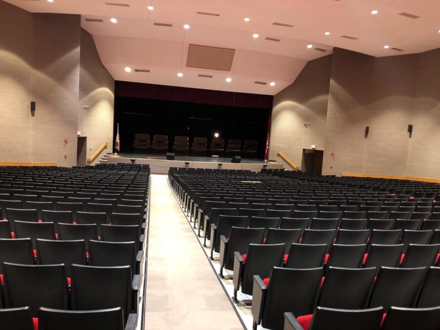 Guile Auditorium, where all theatrical events are held during and after school. The empty seats above will be overflowed by the whole student body on March 21, day of in-school talent show.